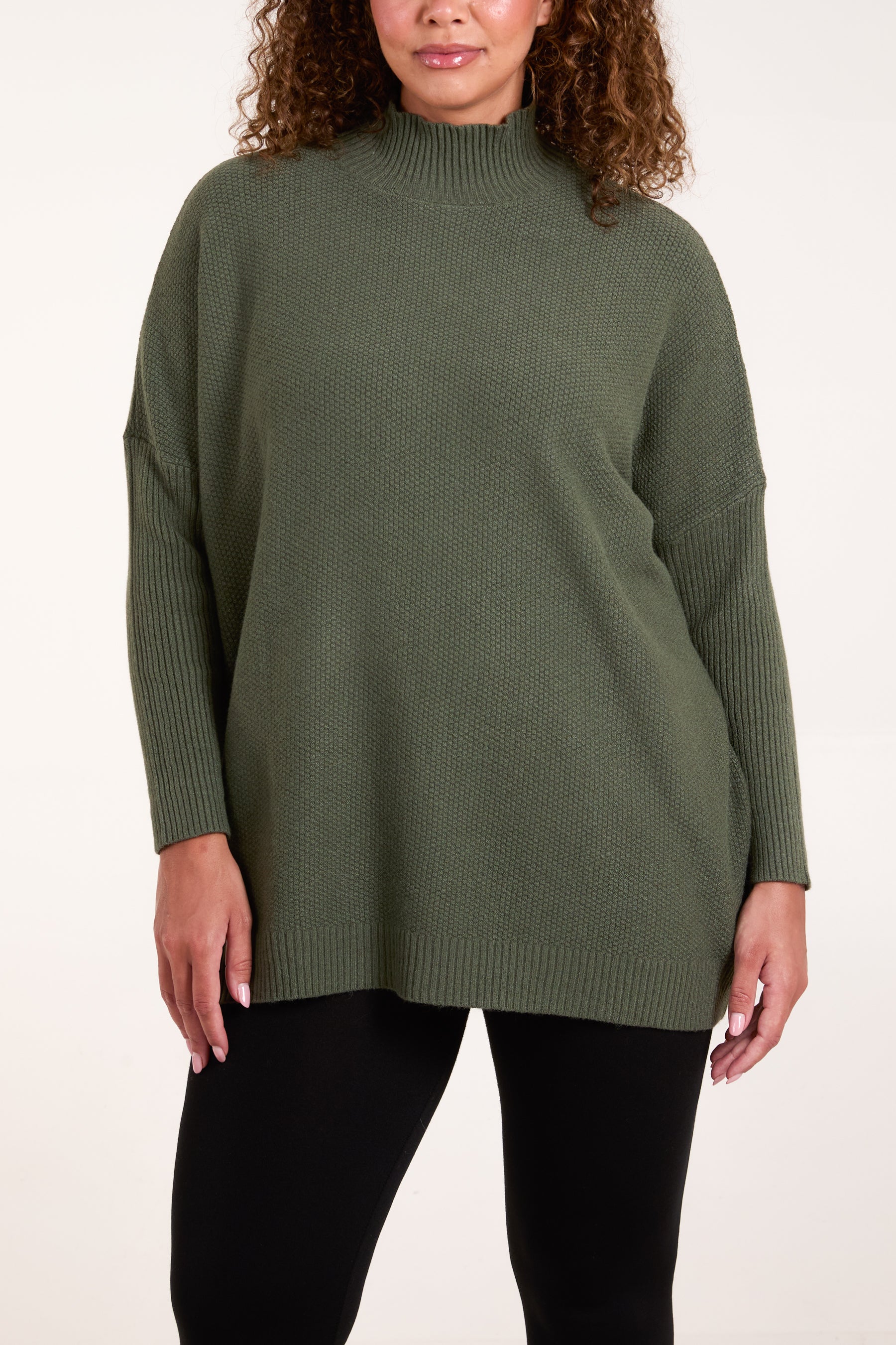 High Neck Batwing Texture Jumper