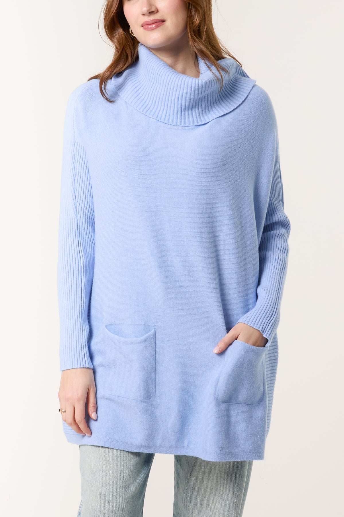 Roll Neck Pockets Ribbed Detail Jumper