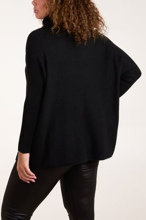 Roll Neck Pockets Ribbed Detail Jumper