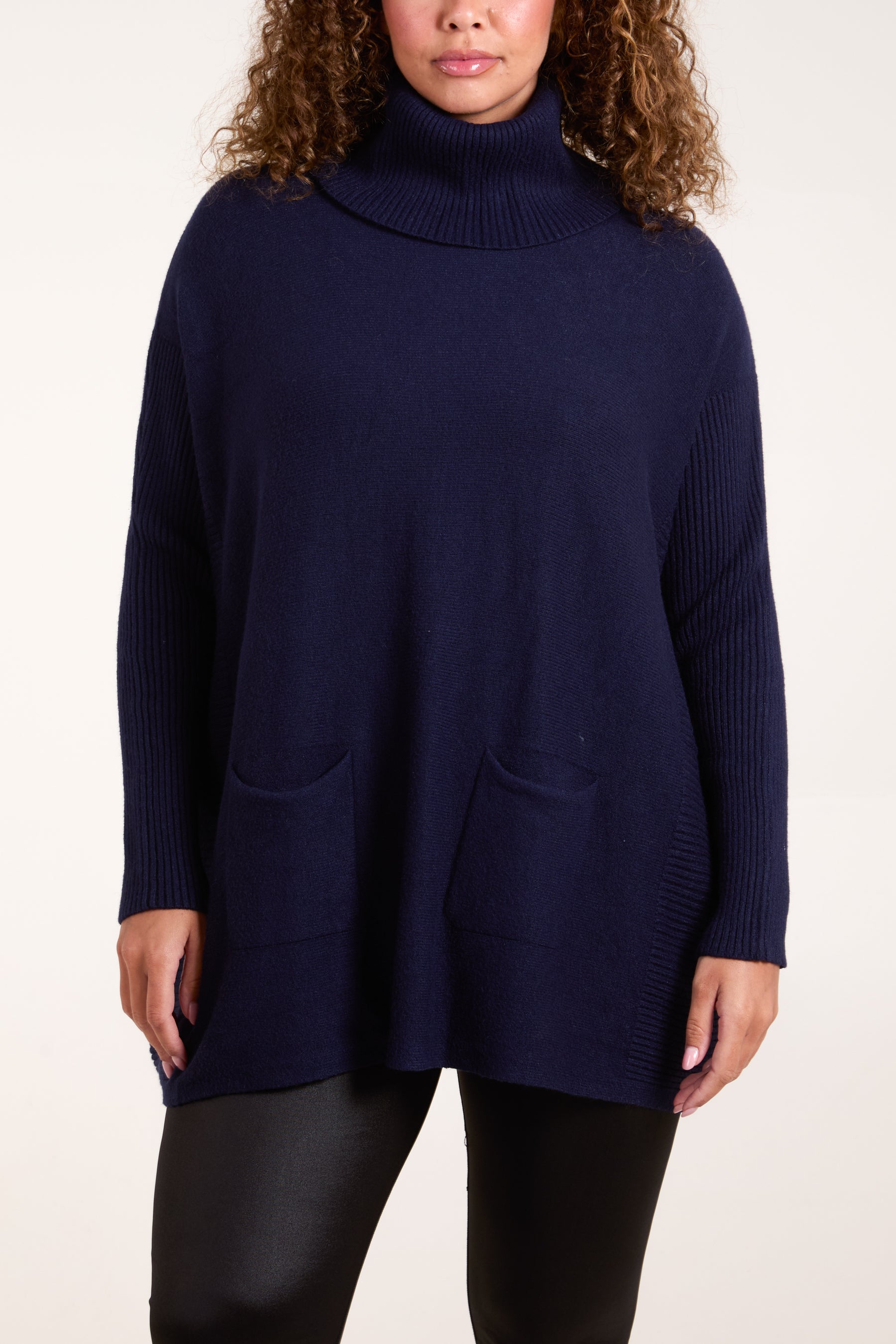 Roll Neck Pockets Ribbed Detail Jumper