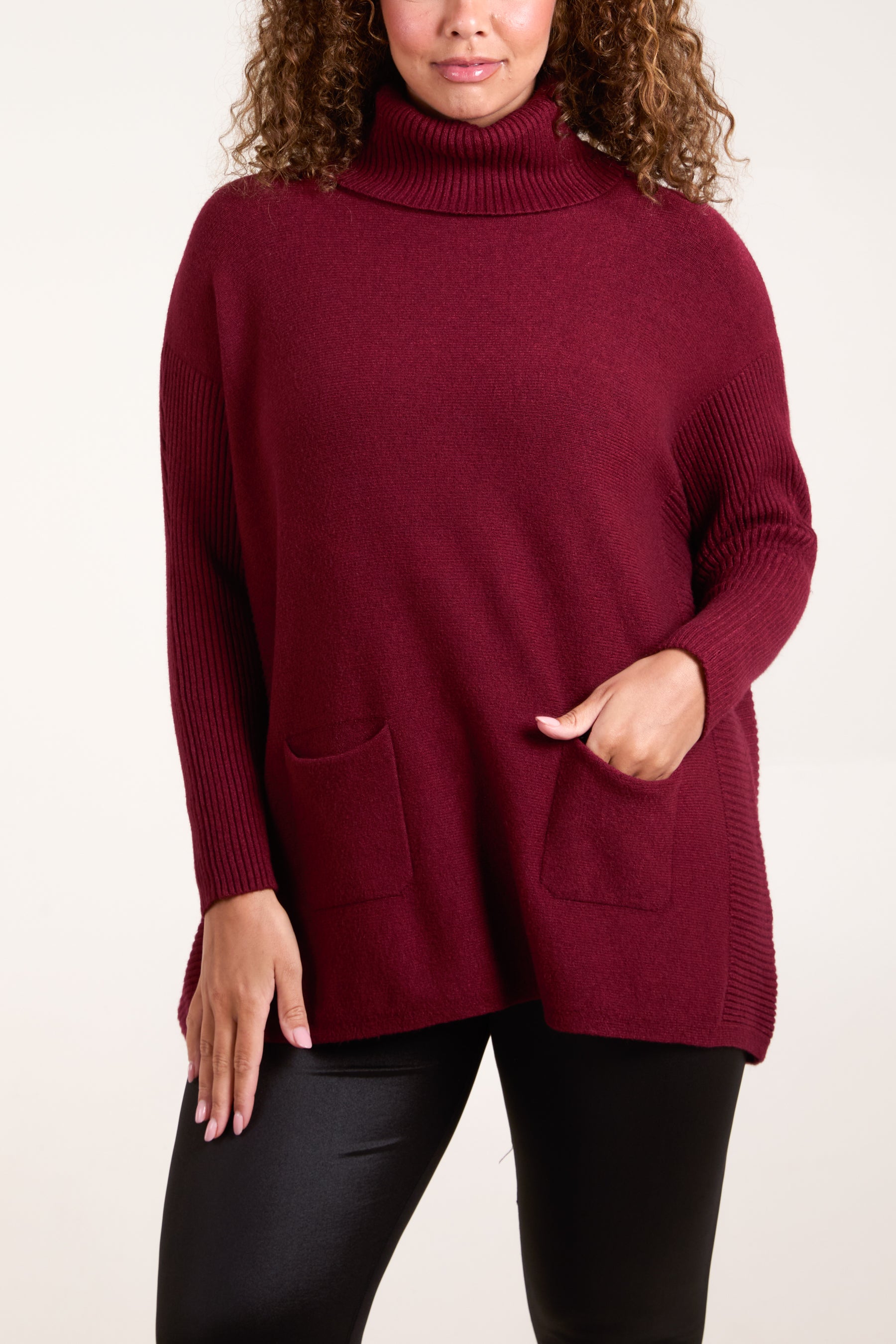 Roll Neck Pockets Ribbed Detail Jumper