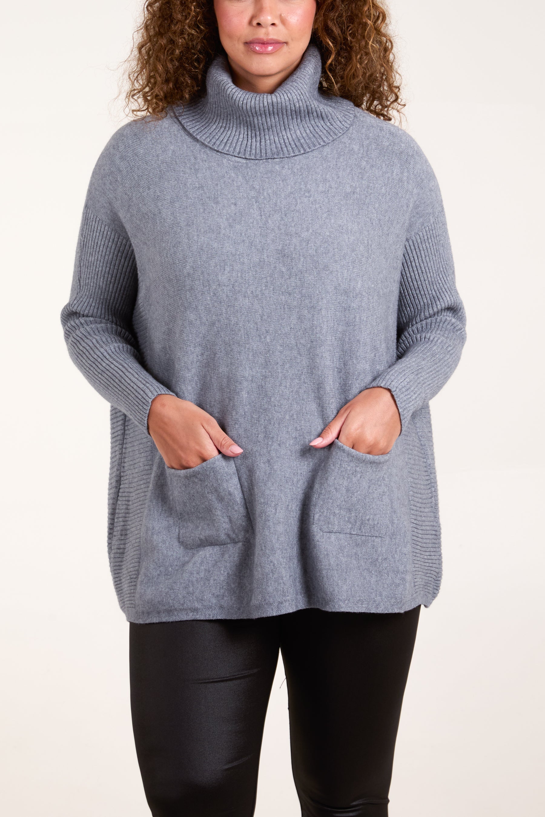 Roll Neck Pockets Ribbed Detail Jumper