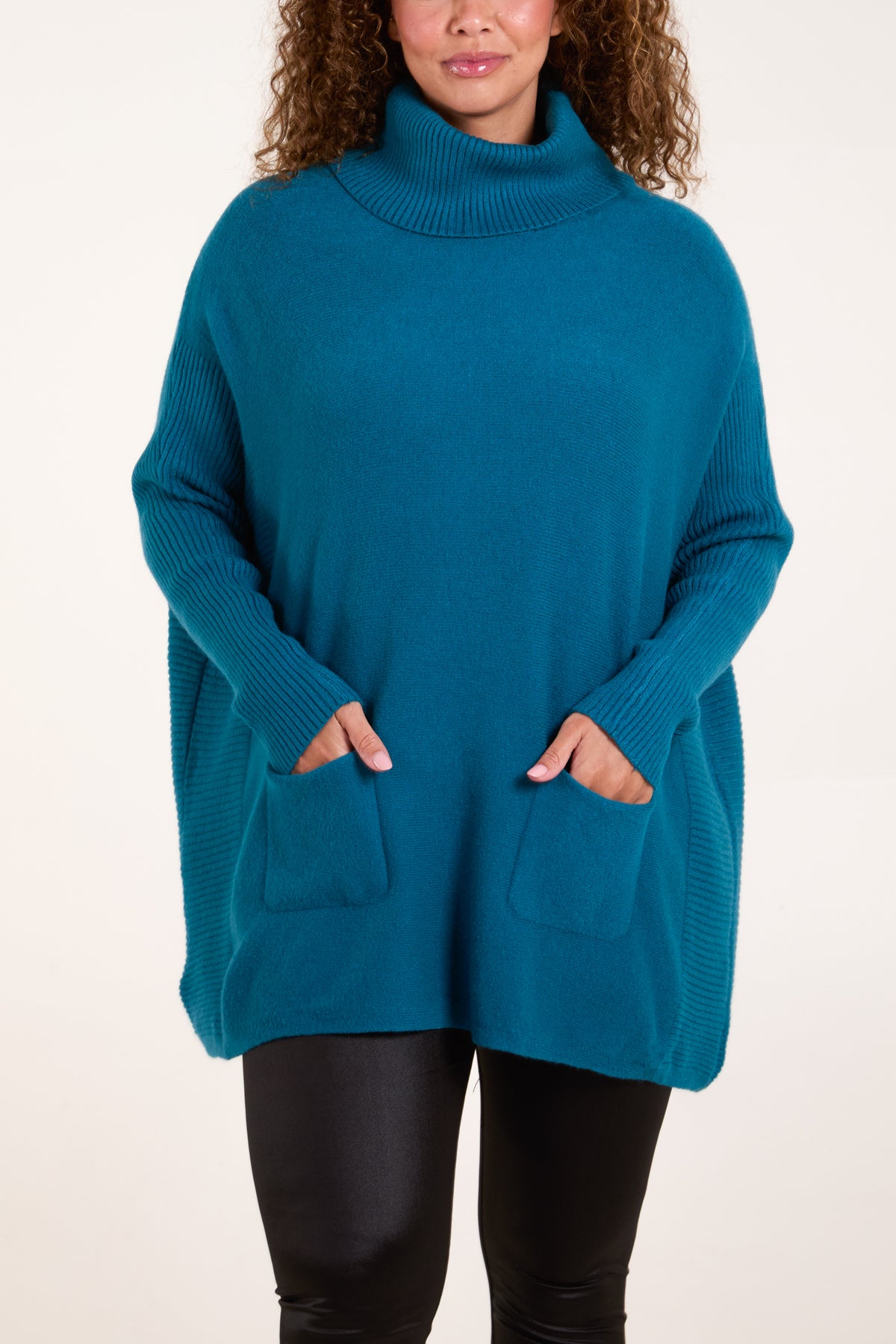 Roll Neck Pockets Ribbed Detail Jumper