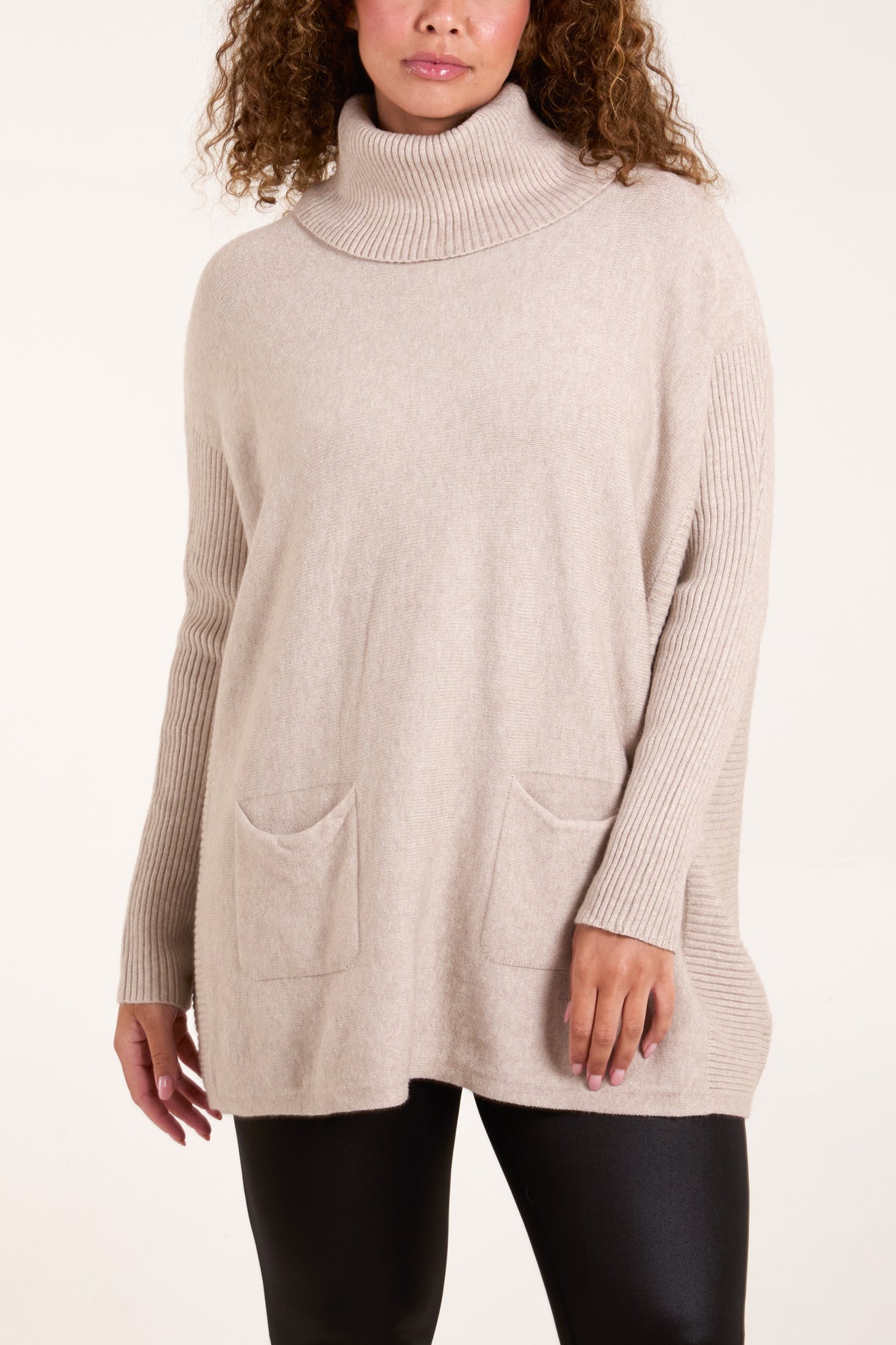 Roll Neck Pockets Ribbed Detail Jumper