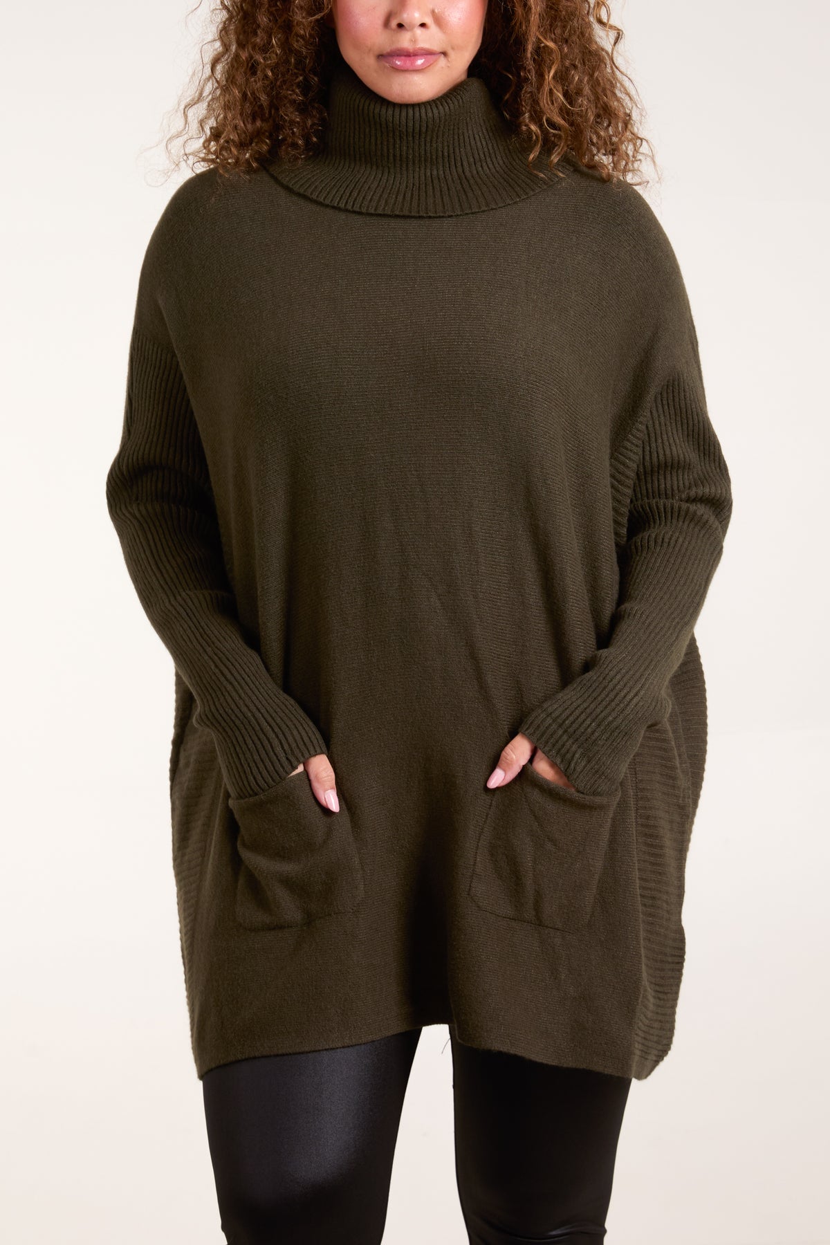 Roll Neck Pockets Ribbed Detail Jumper