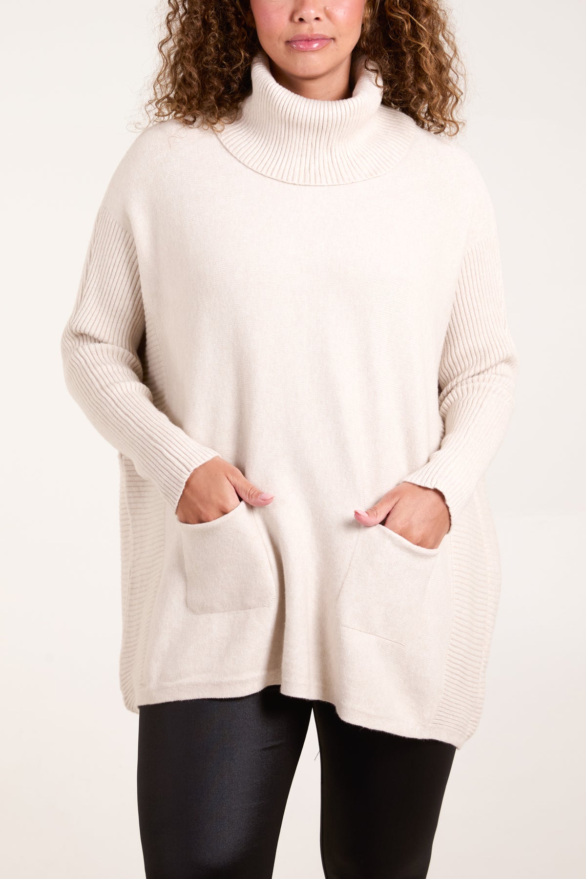 Roll Neck Pockets Ribbed Detail Jumper