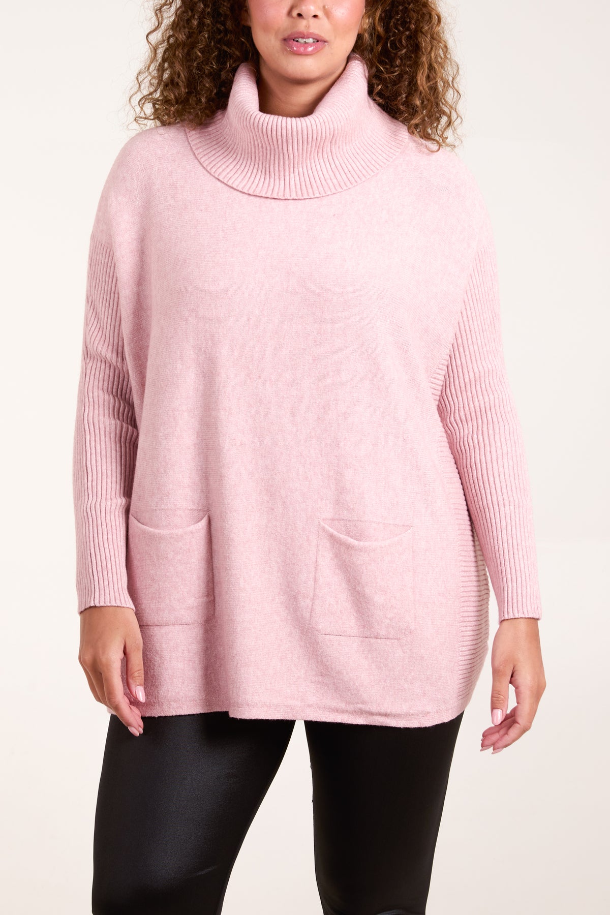 Roll Neck Pockets Ribbed Detail Jumper