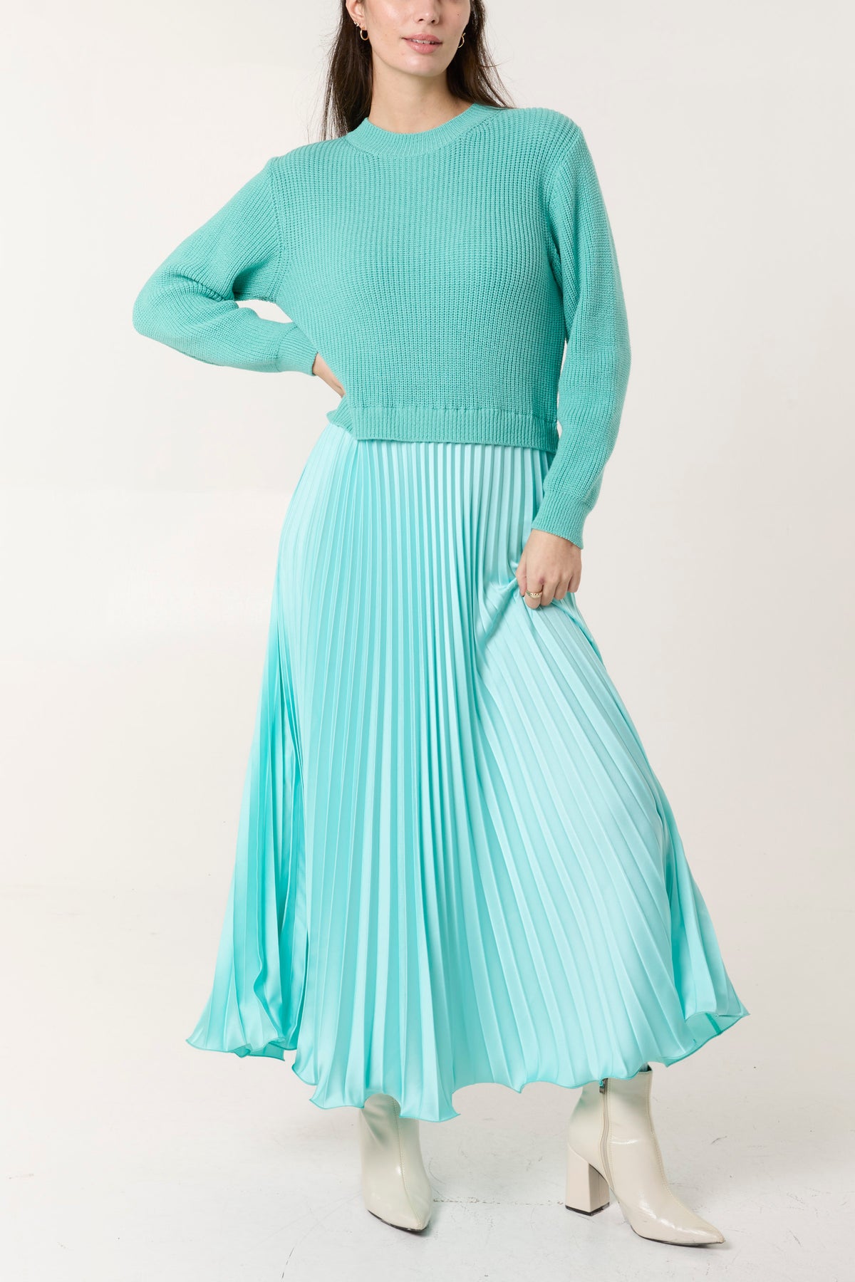 Knitted Top Satin Pleated Skirt Dress