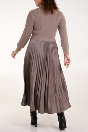 Knitted Top Satin Pleated Skirt Dress