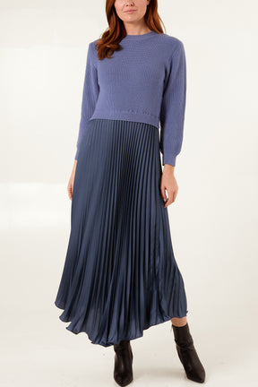 Knitted Top Satin Pleated Skirt Dress