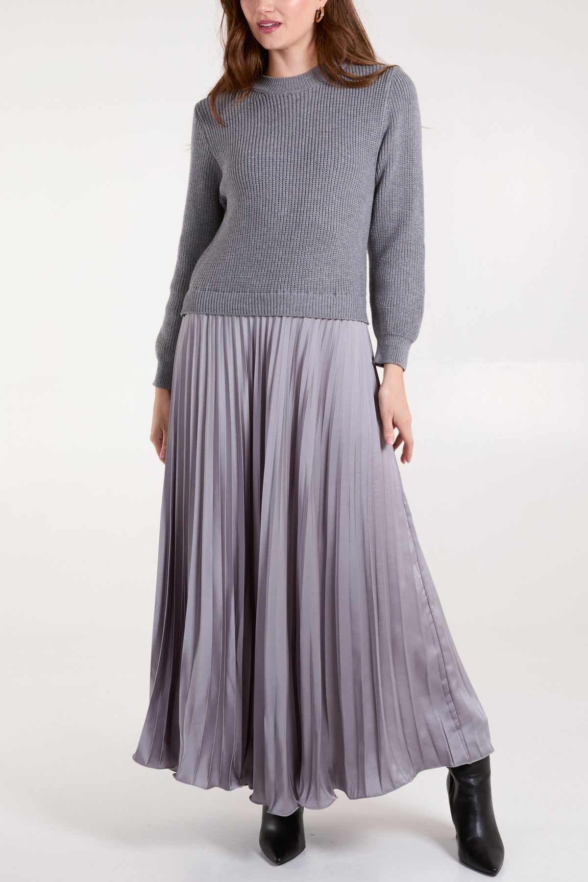 Knitted Top Satin Pleated Skirt Dress