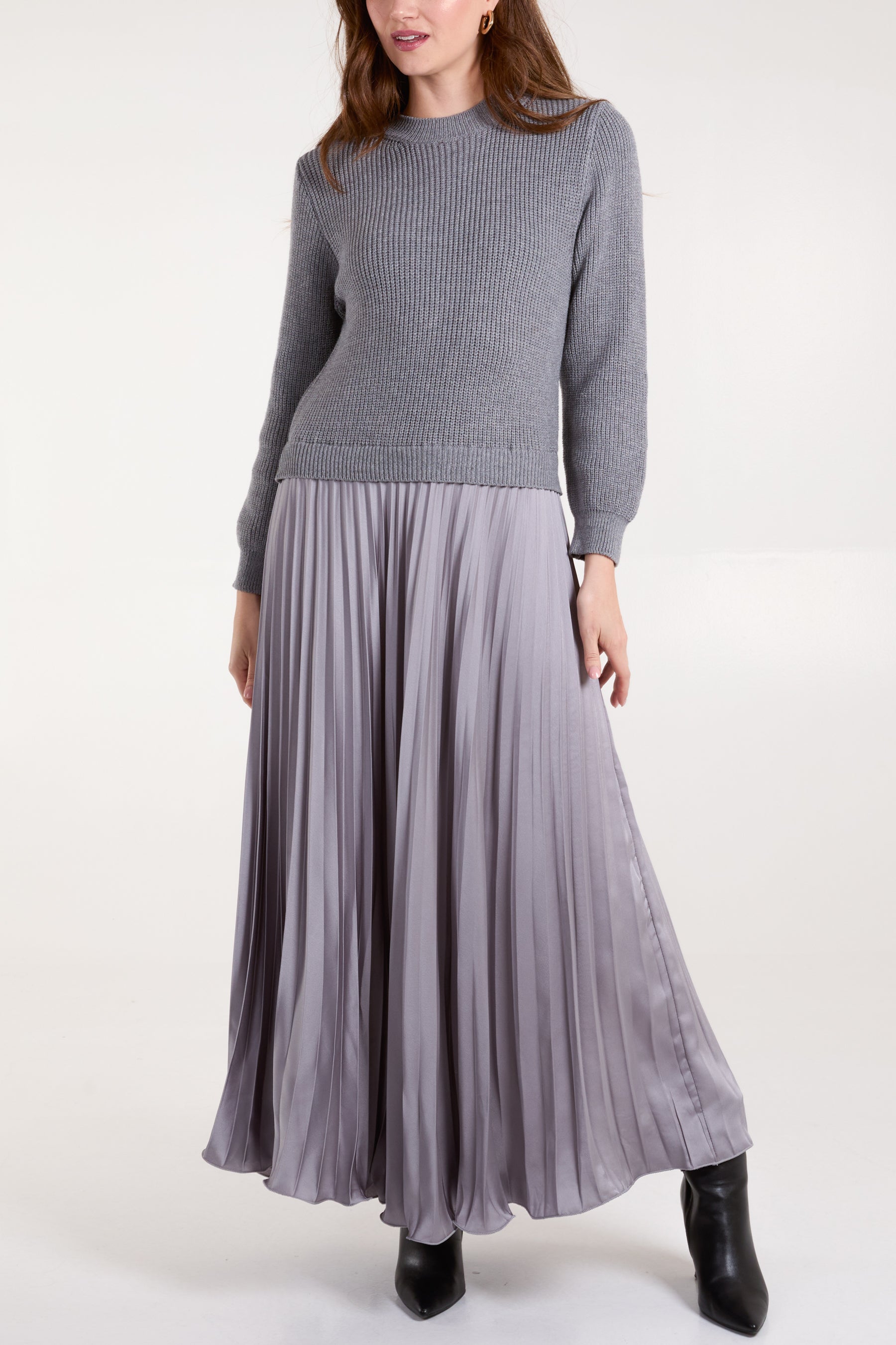 Knitted Top Satin Pleated Skirt Dress Knitted Top Satin Pleated Skirt Dress