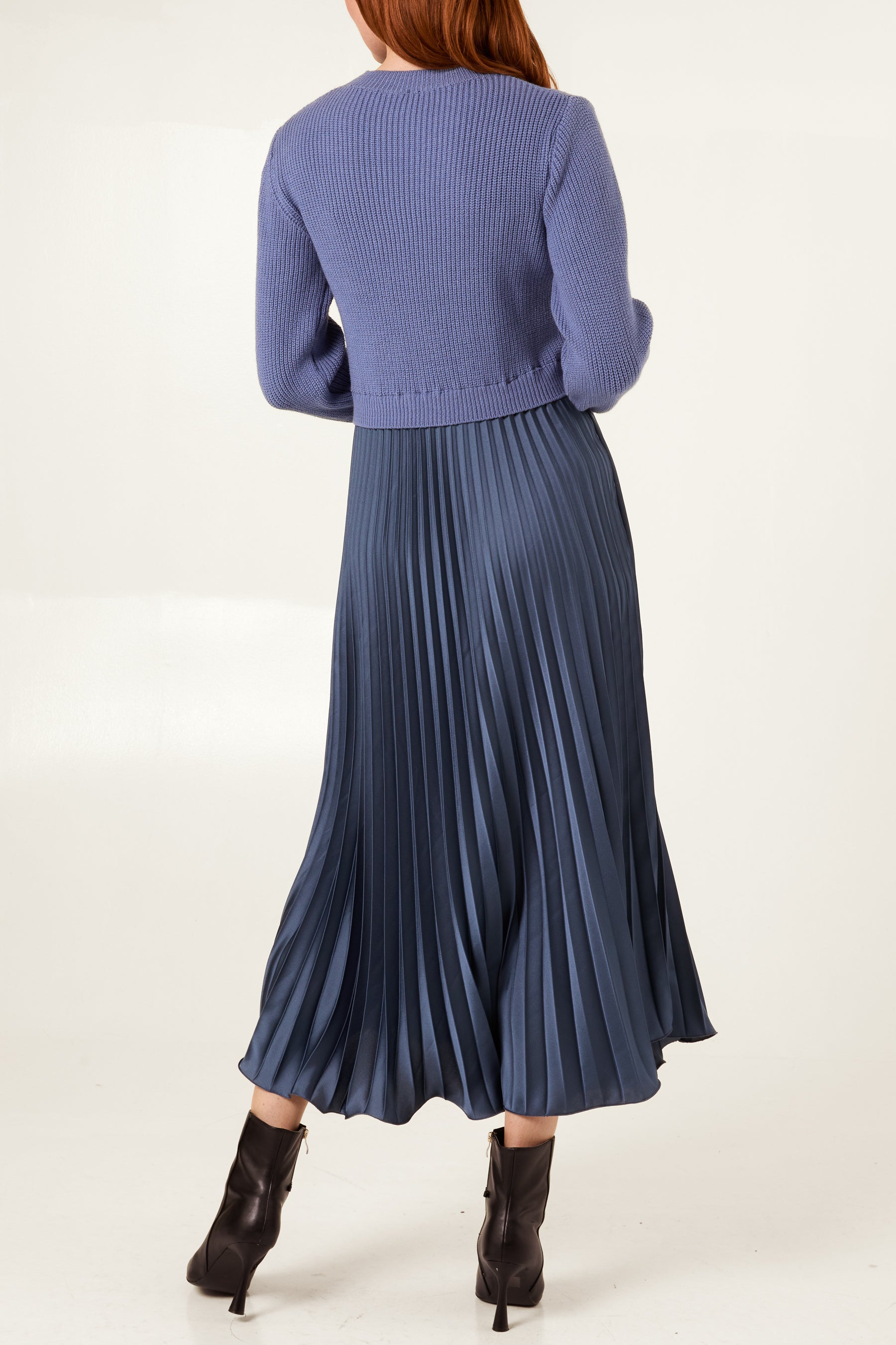 Knitted Top Satin Pleated Skirt Dress Knitted Top Satin Pleated Skirt Dress
