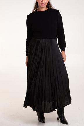 Knitted Top Satin Pleated Skirt Dress