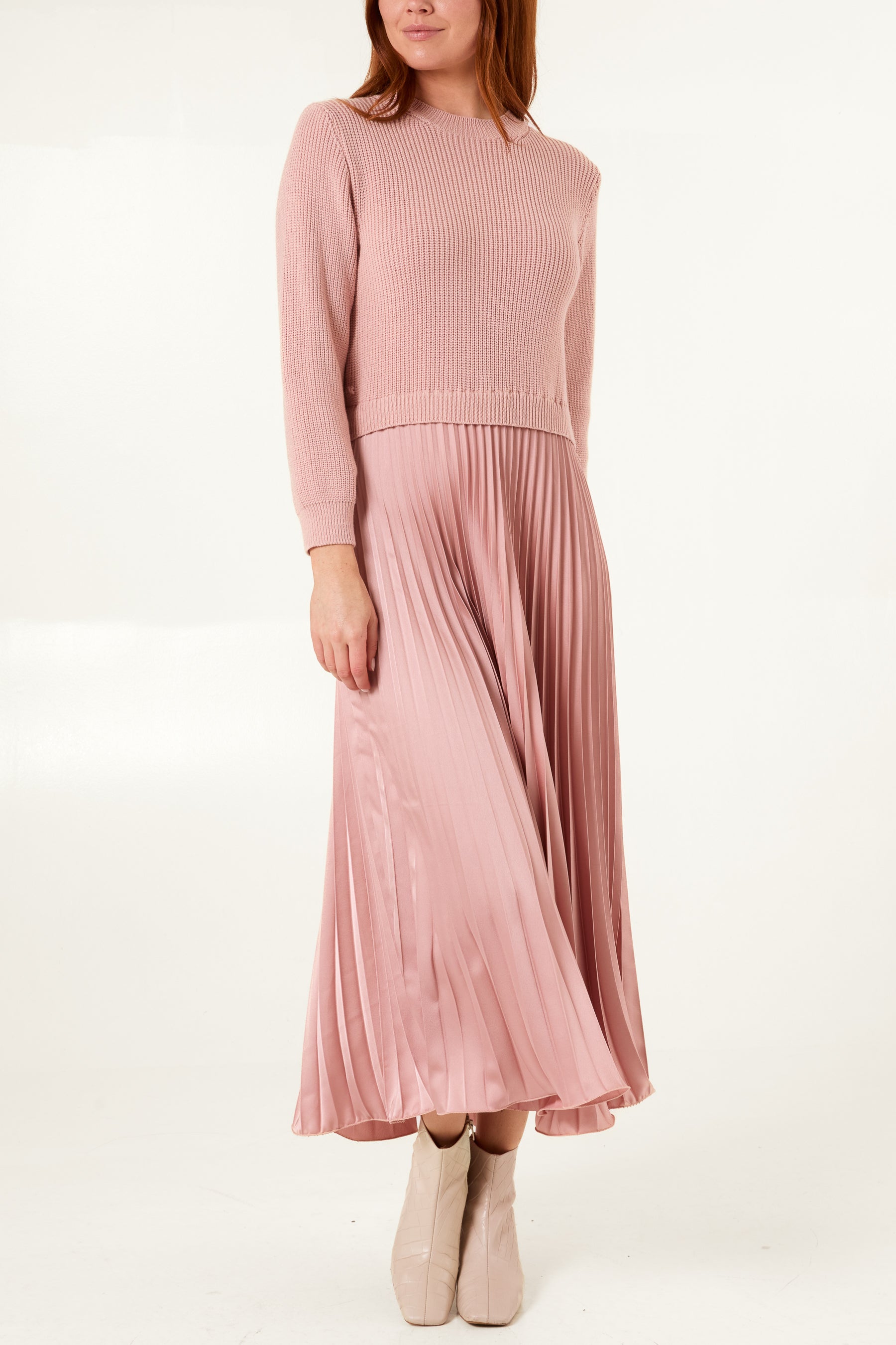 Knitted Top Satin Pleated Skirt Dress