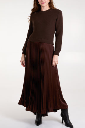 Knitted Top Satin Pleated Skirt Dress