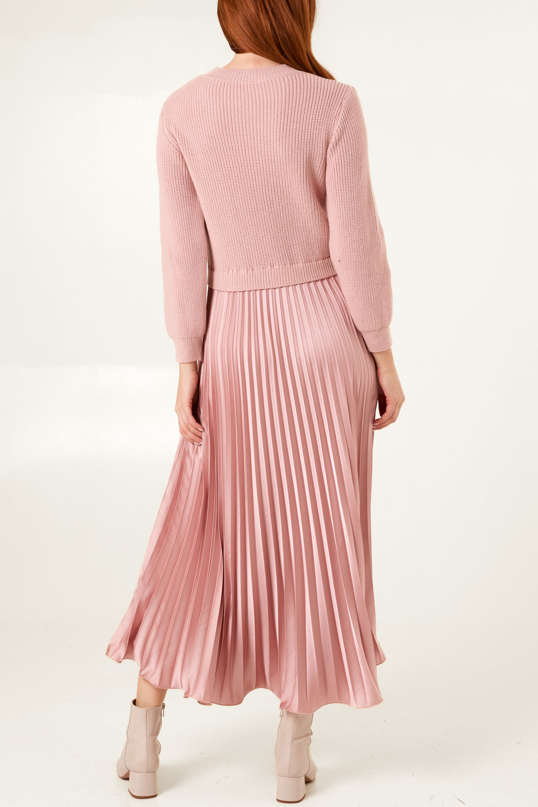 Knitted Top Satin Pleated Skirt Dress Knitted Top Satin Pleated Skirt Dress