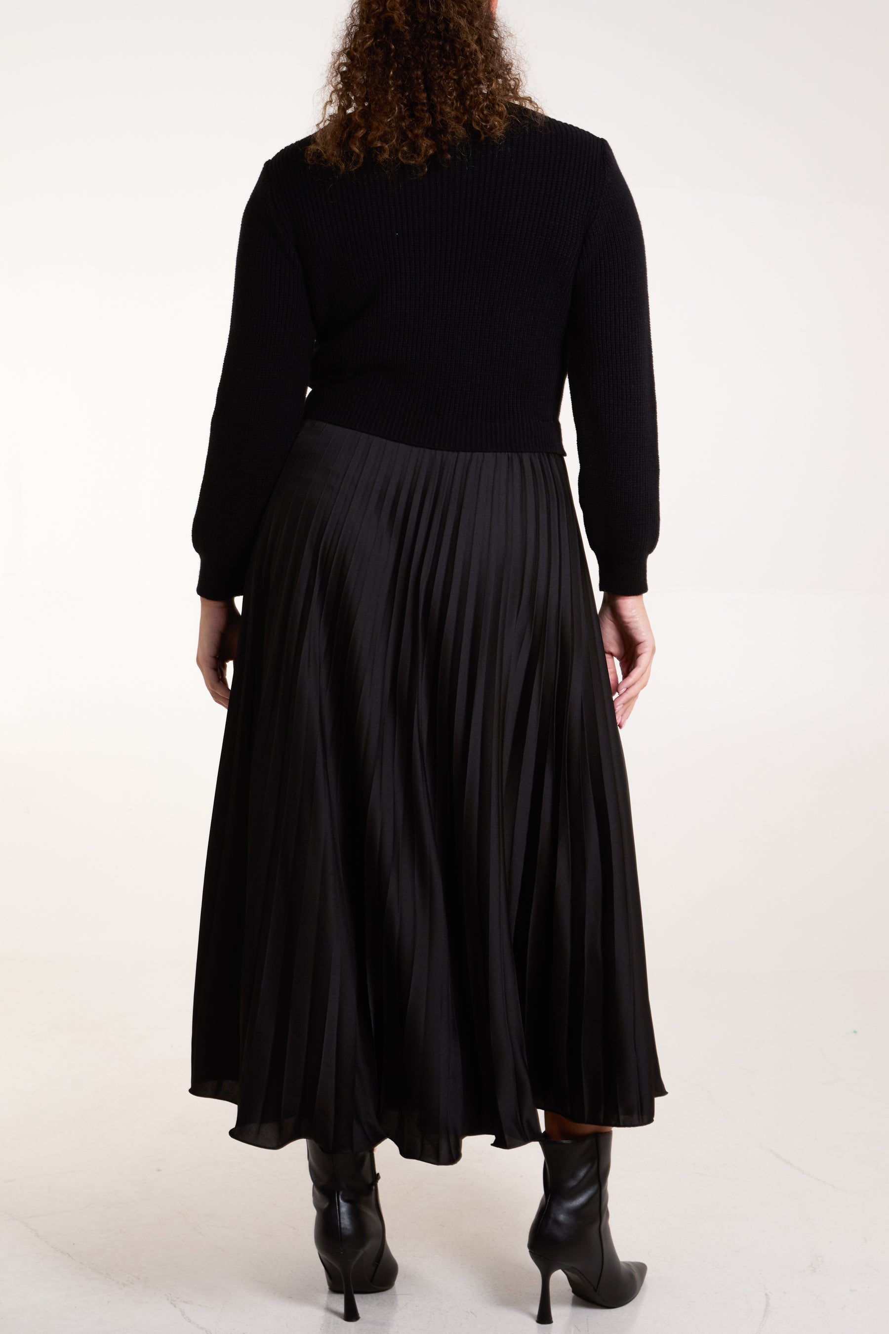 Knitted Top Satin Pleated Skirt Dress Mocha / One Size / 2 Knitted Top Satin Pleated Skirt Dress Mocha / One Size / 2
