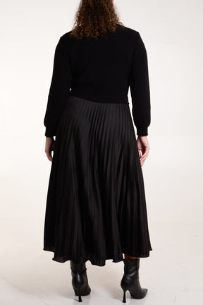 Knitted Top Satin Pleated Skirt Dress