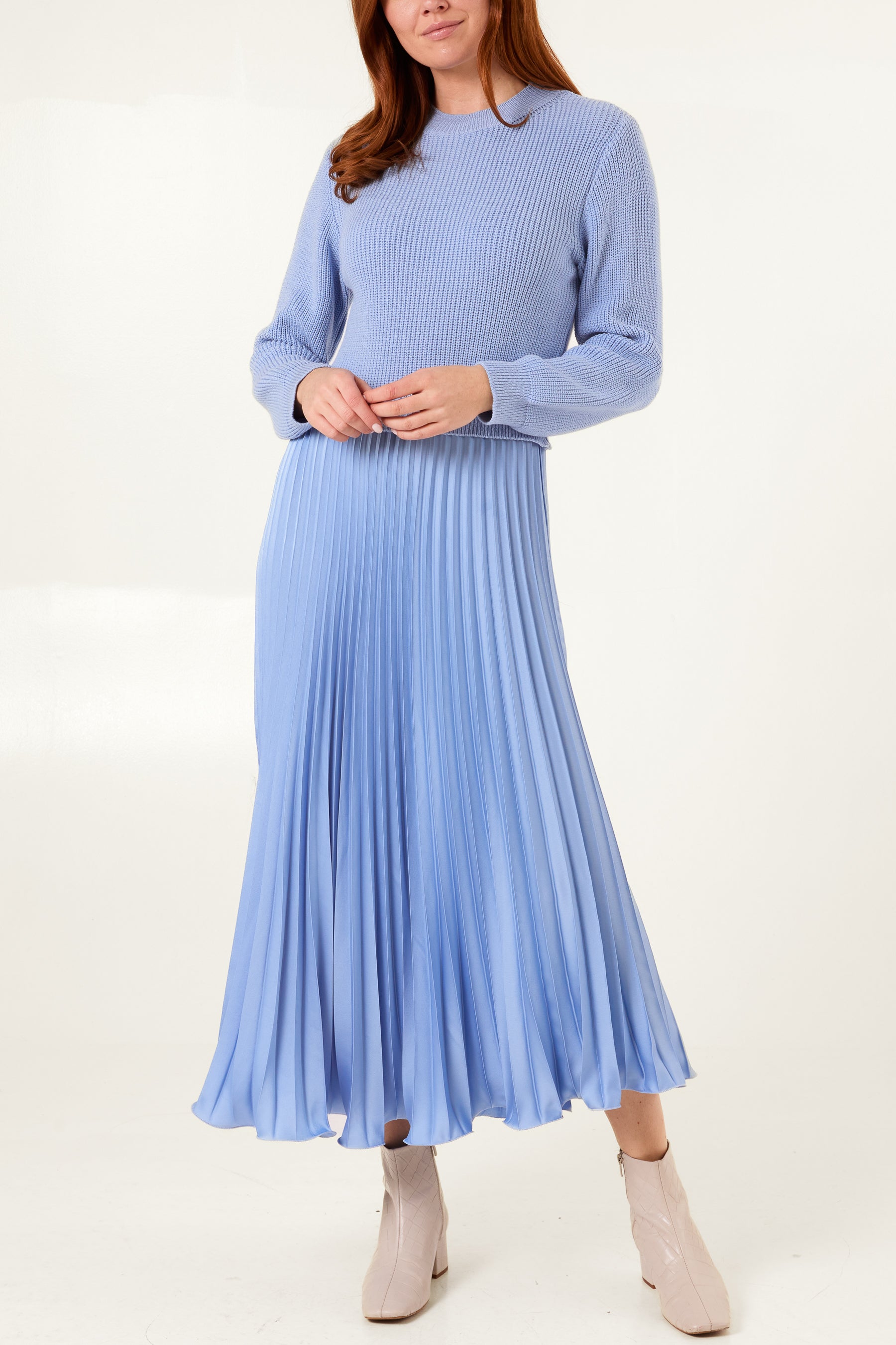 Knitted Top Satin Pleated Skirt Dress