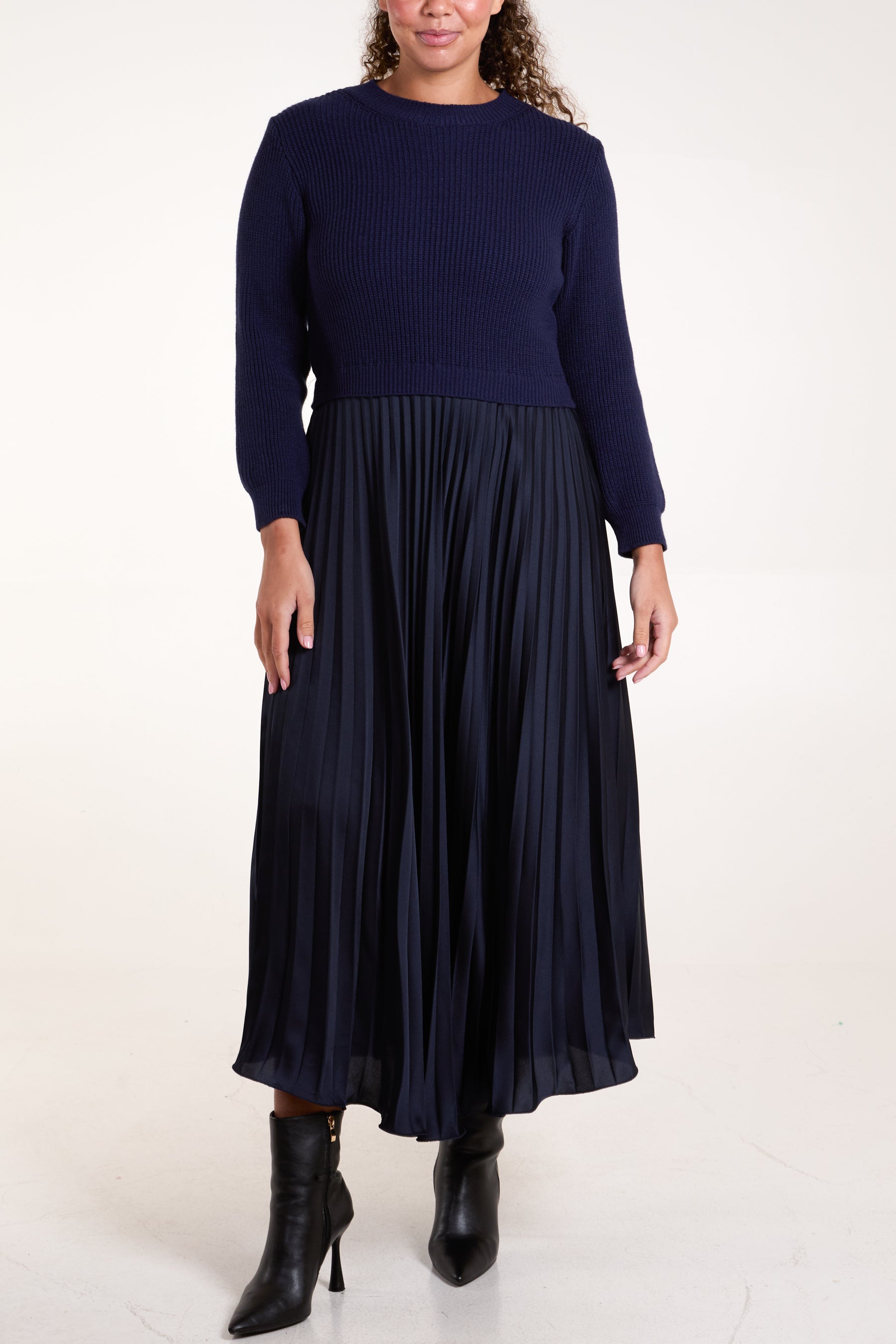 Knitted Top Satin Pleated Skirt Dress Knitted Top Satin Pleated Skirt Dress
