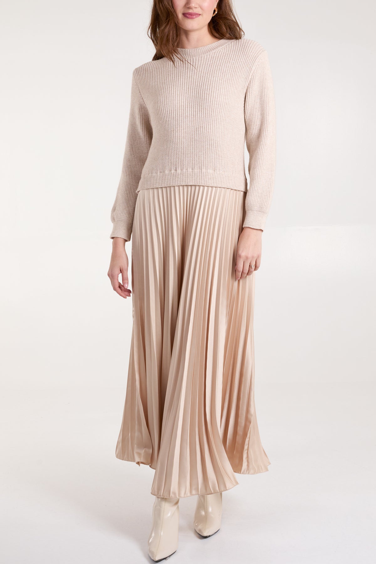 Knitted Top Satin Pleated Skirt Dress