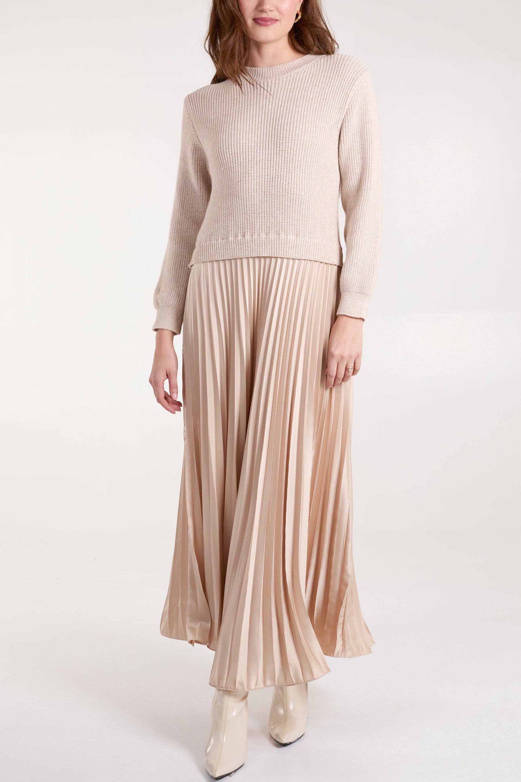 Knitted Top Satin Pleated Skirt Dress Knitted Top Satin Pleated Skirt Dress