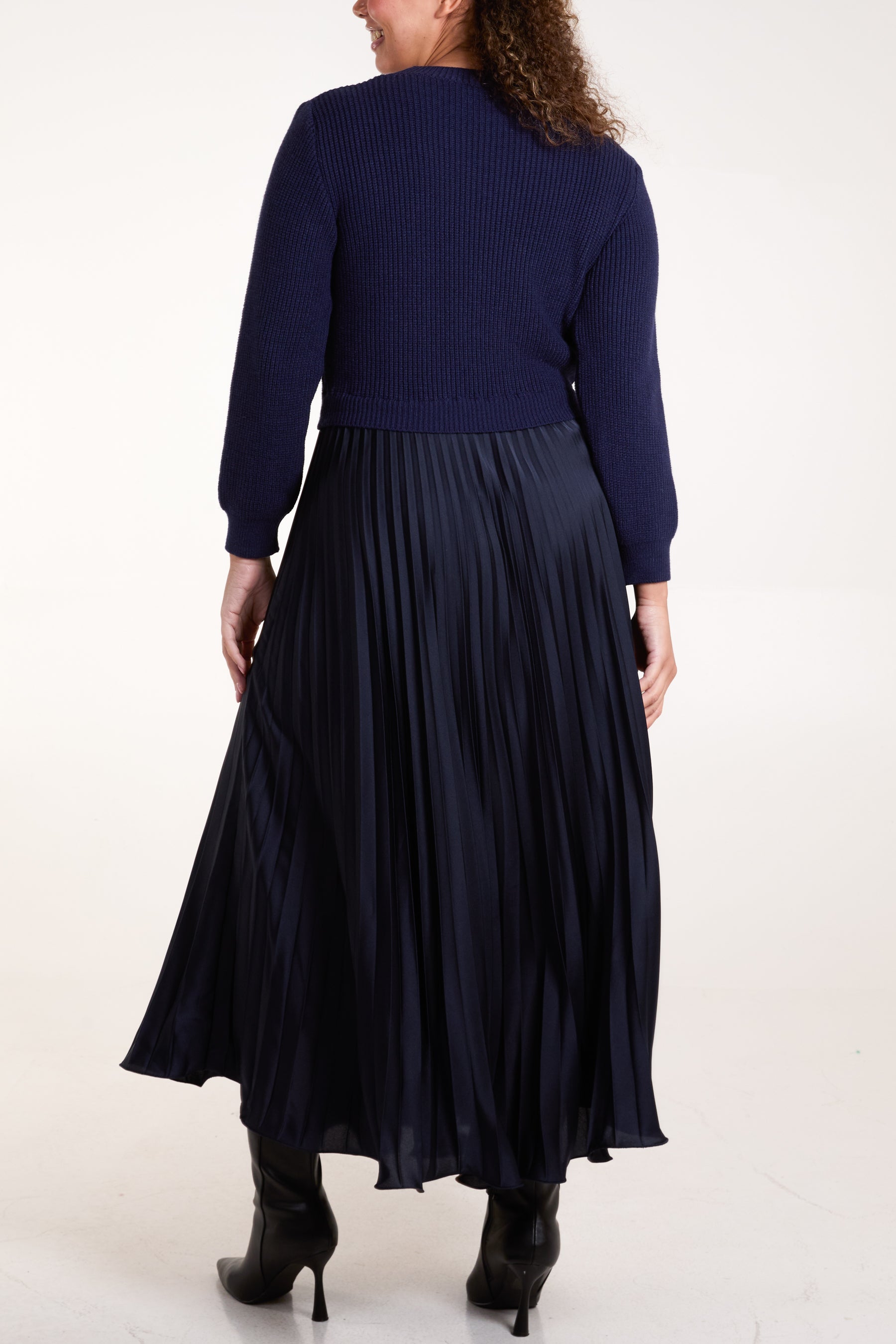 Knitted Top Satin Pleated Skirt Dress Knitted Top Satin Pleated Skirt Dress
