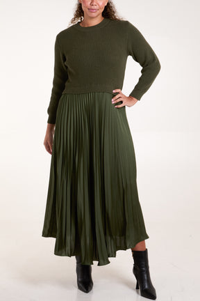 Knitted Top Satin Pleated Skirt Dress