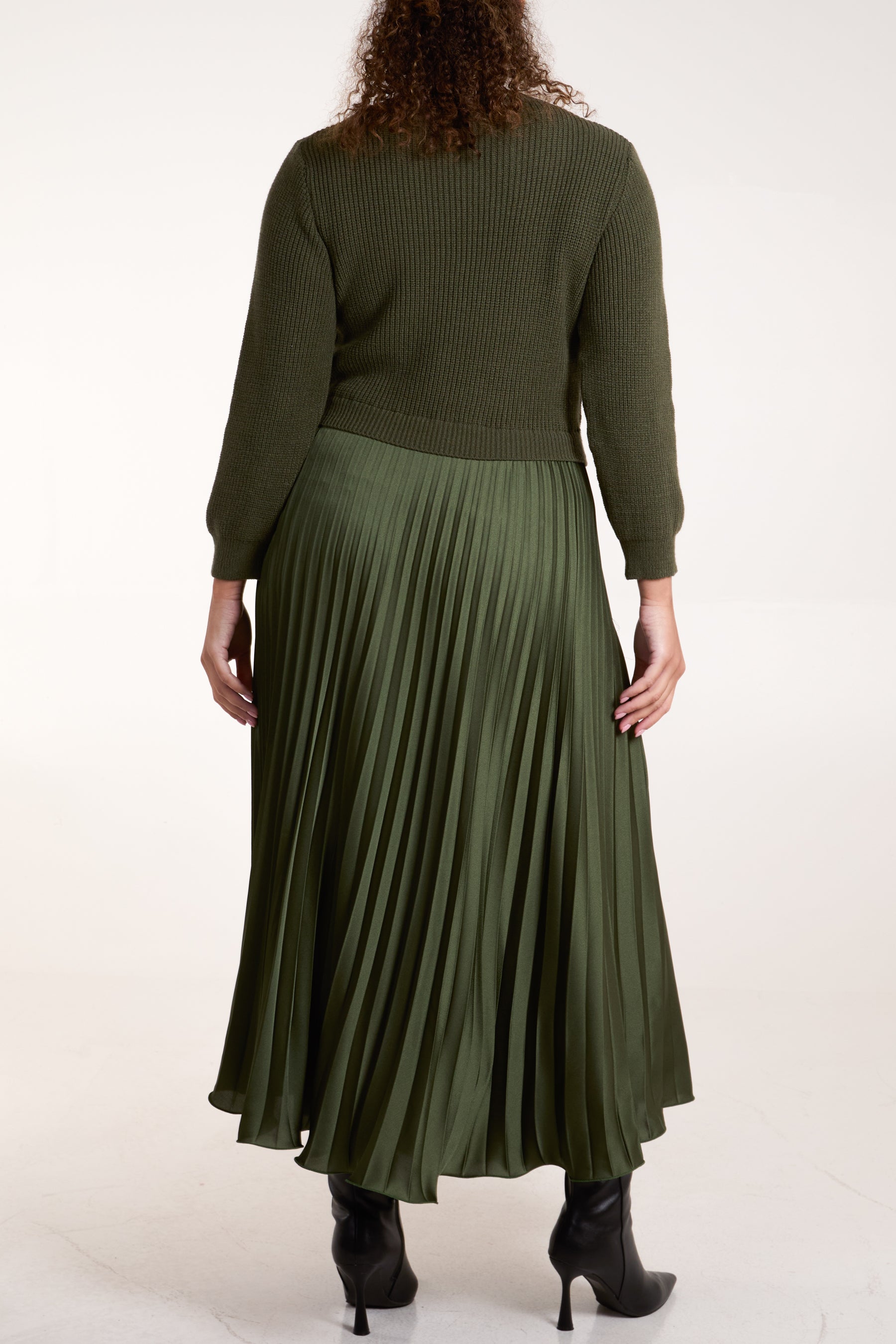 Knitted Top Satin Pleated Skirt Dress Knitted Top Satin Pleated Skirt Dress