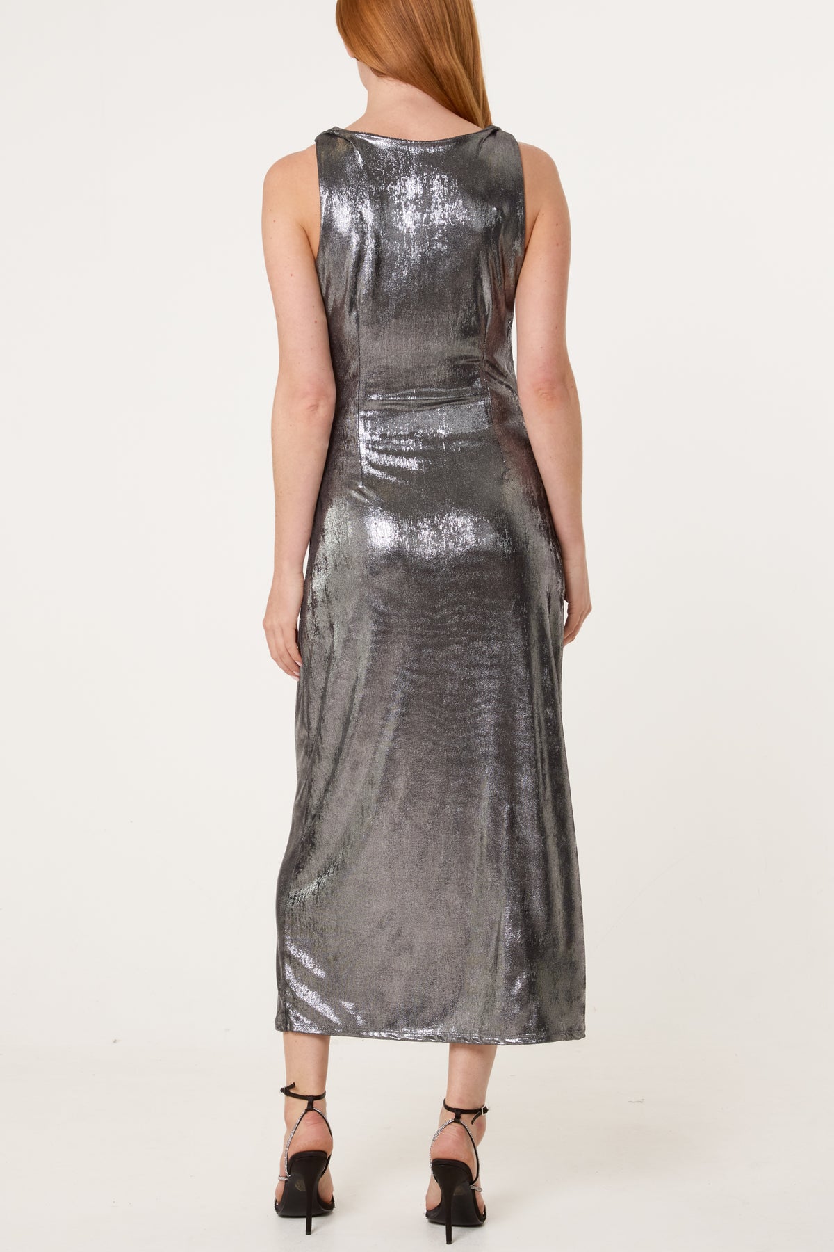 Cowl Neck Metallic Slinky Dress