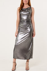 Cowl Neck Metallic Slinky Dress