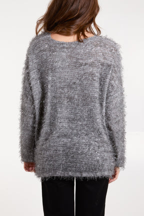 Fluffy Sequins Boat Neck Jumper