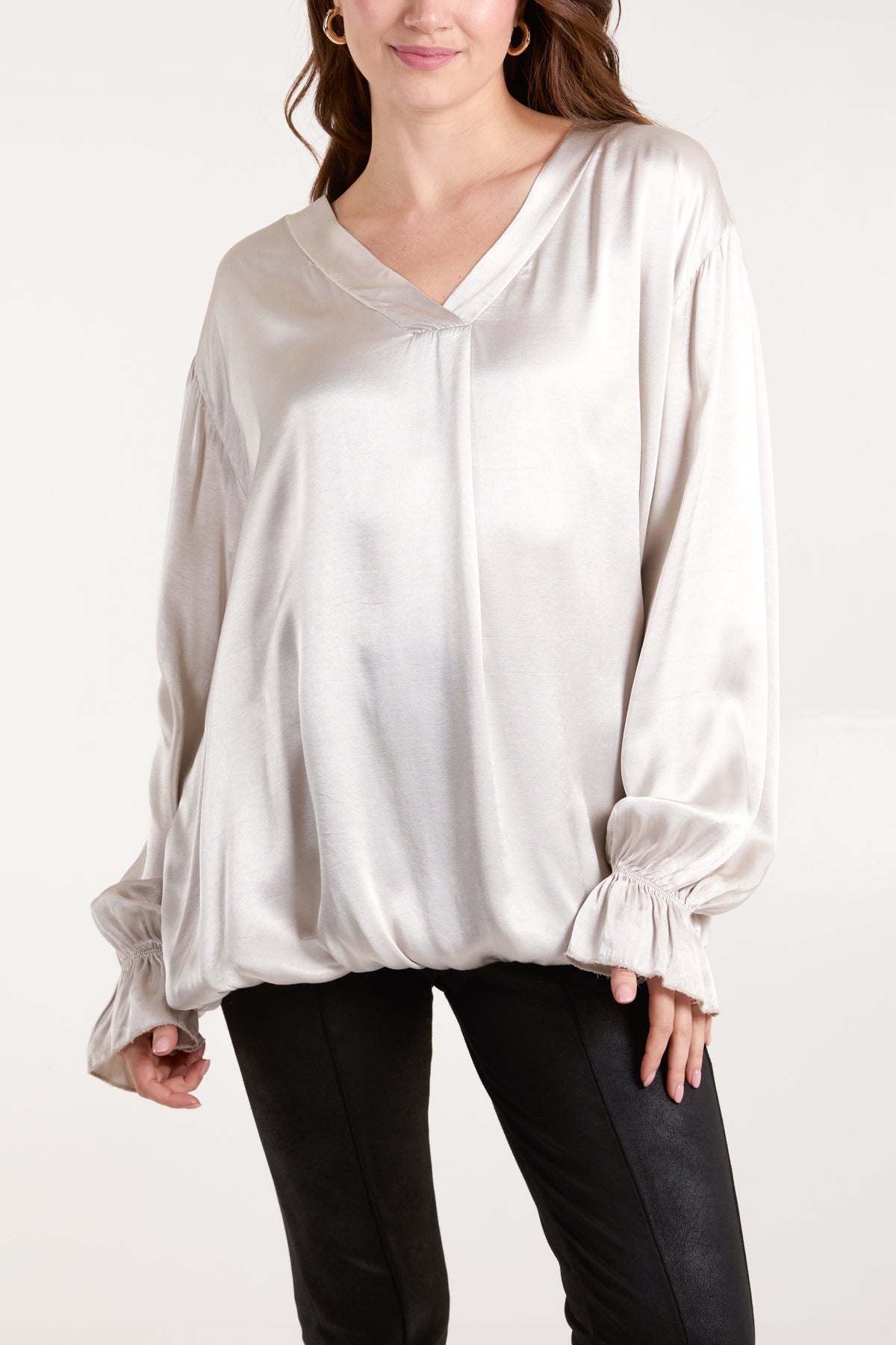 Satin V-Neck Long Sleeve Blouse