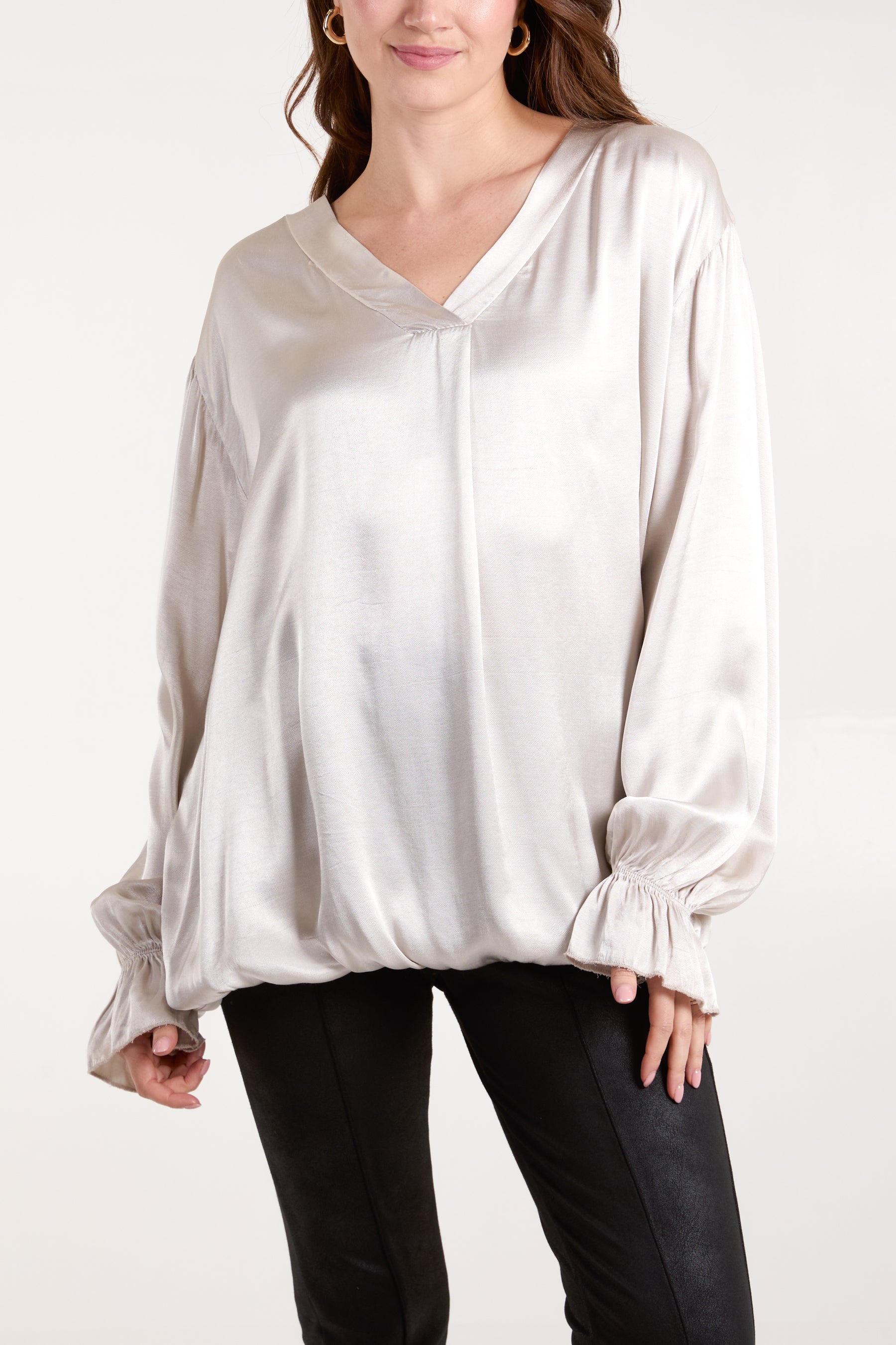 Satin V-Neck Bell Sleeve Blouse