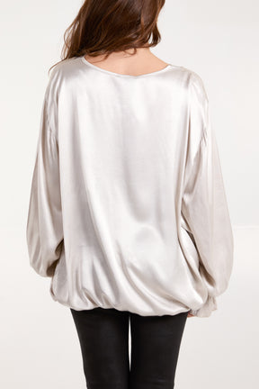 Satin V-Neck Bell Sleeve Blouse