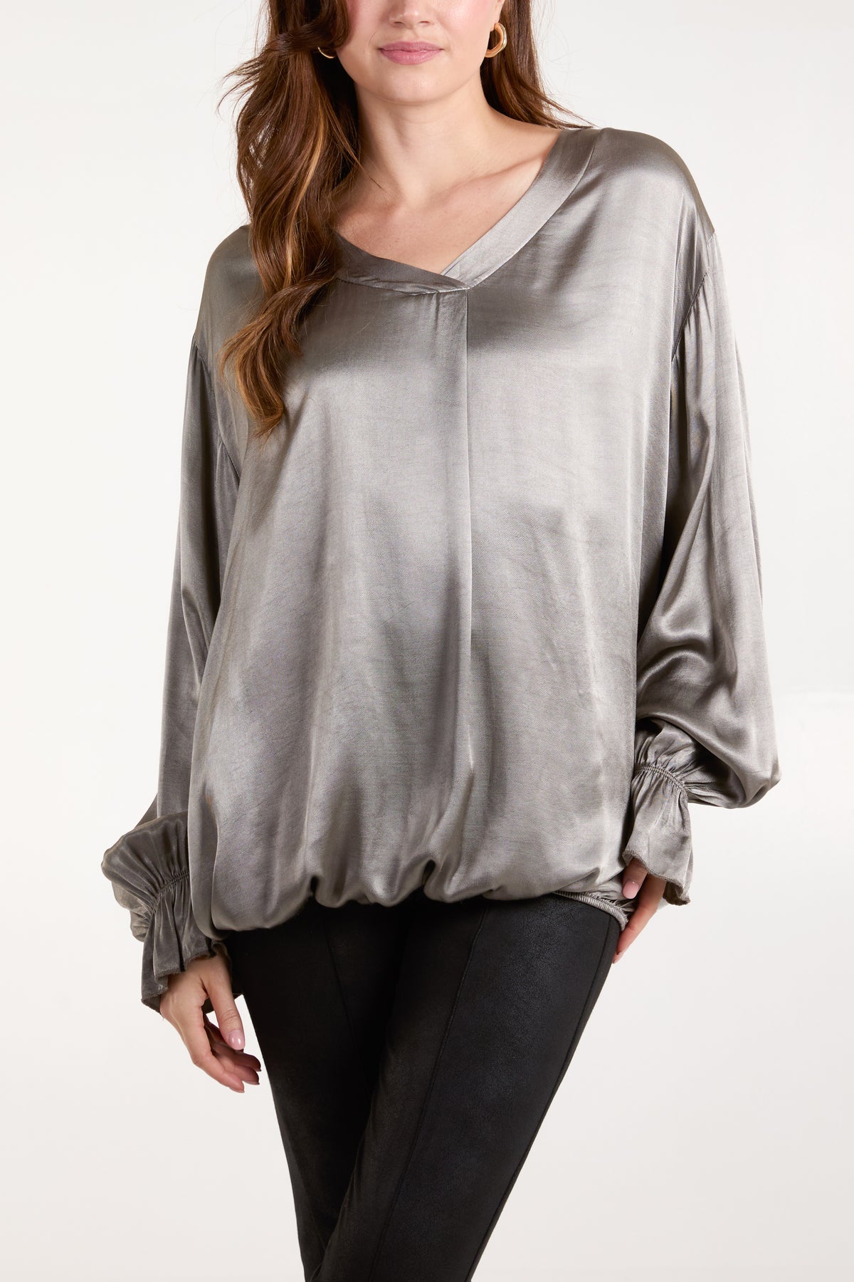 Satin V-Neck Long Sleeve Blouse