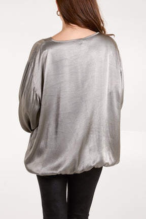 Satin V-Neck Bell Sleeve Blouse