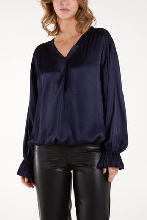 Satin V-Neck Long Sleeve Blouse