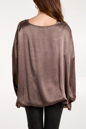 Satin V-Neck Bell Sleeve Blouse