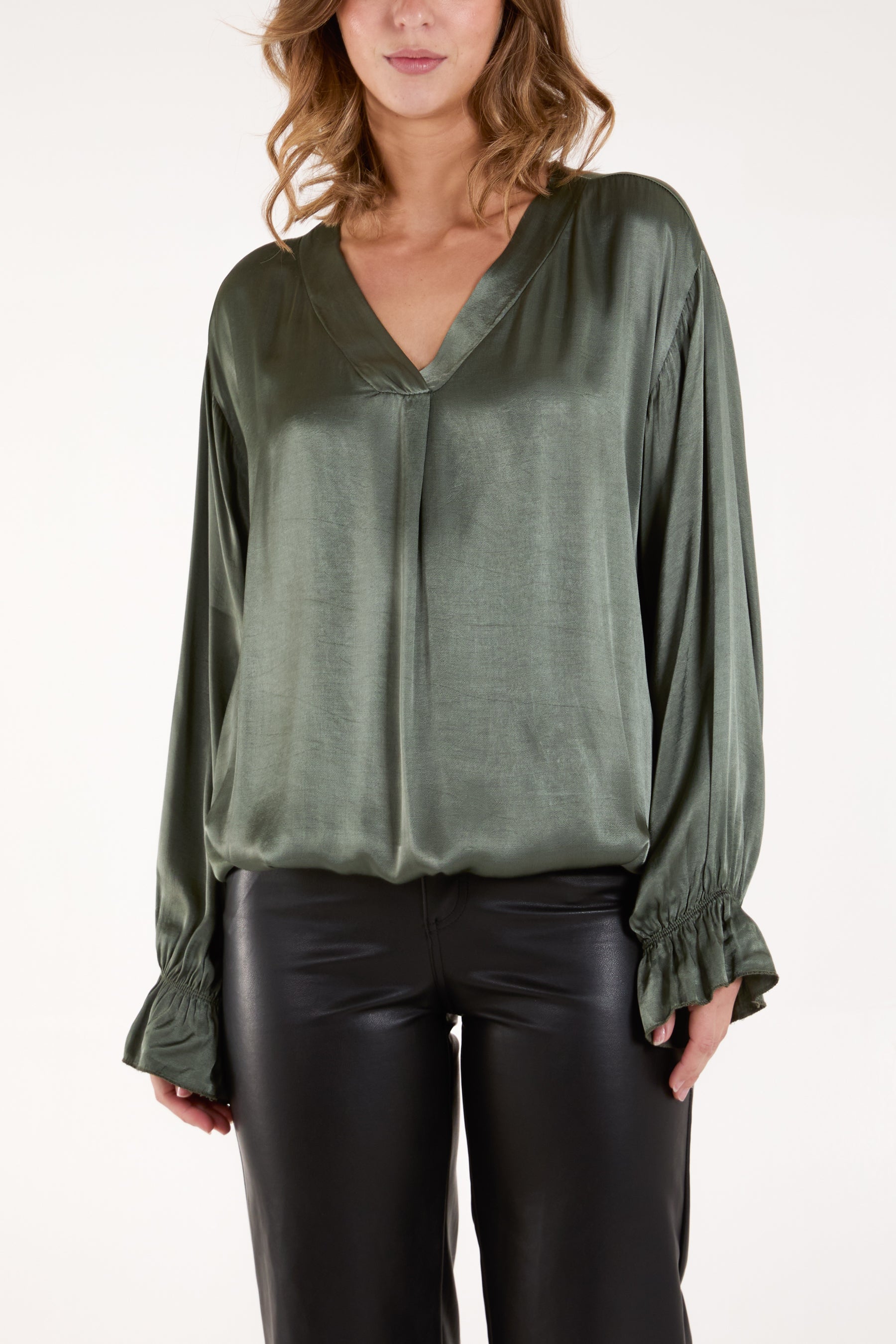 Satin V-Neck Long Sleeve Blouse