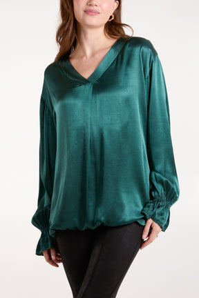 Satin V-Neck Bell Sleeve Blouse