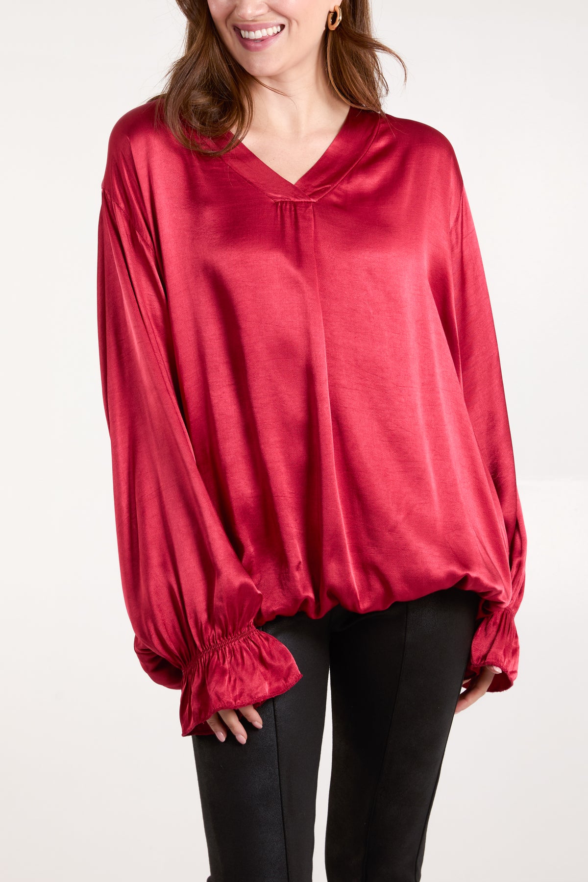 Satin V-Neck Bell Sleeve Blouse