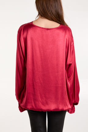 Satin V-Neck Bell Sleeve Blouse