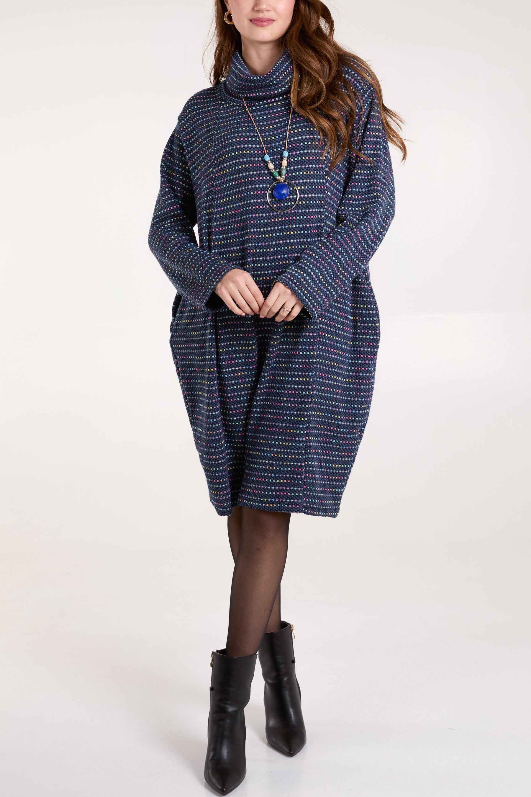 Roll Neck Pockets Speckled Knit Dress