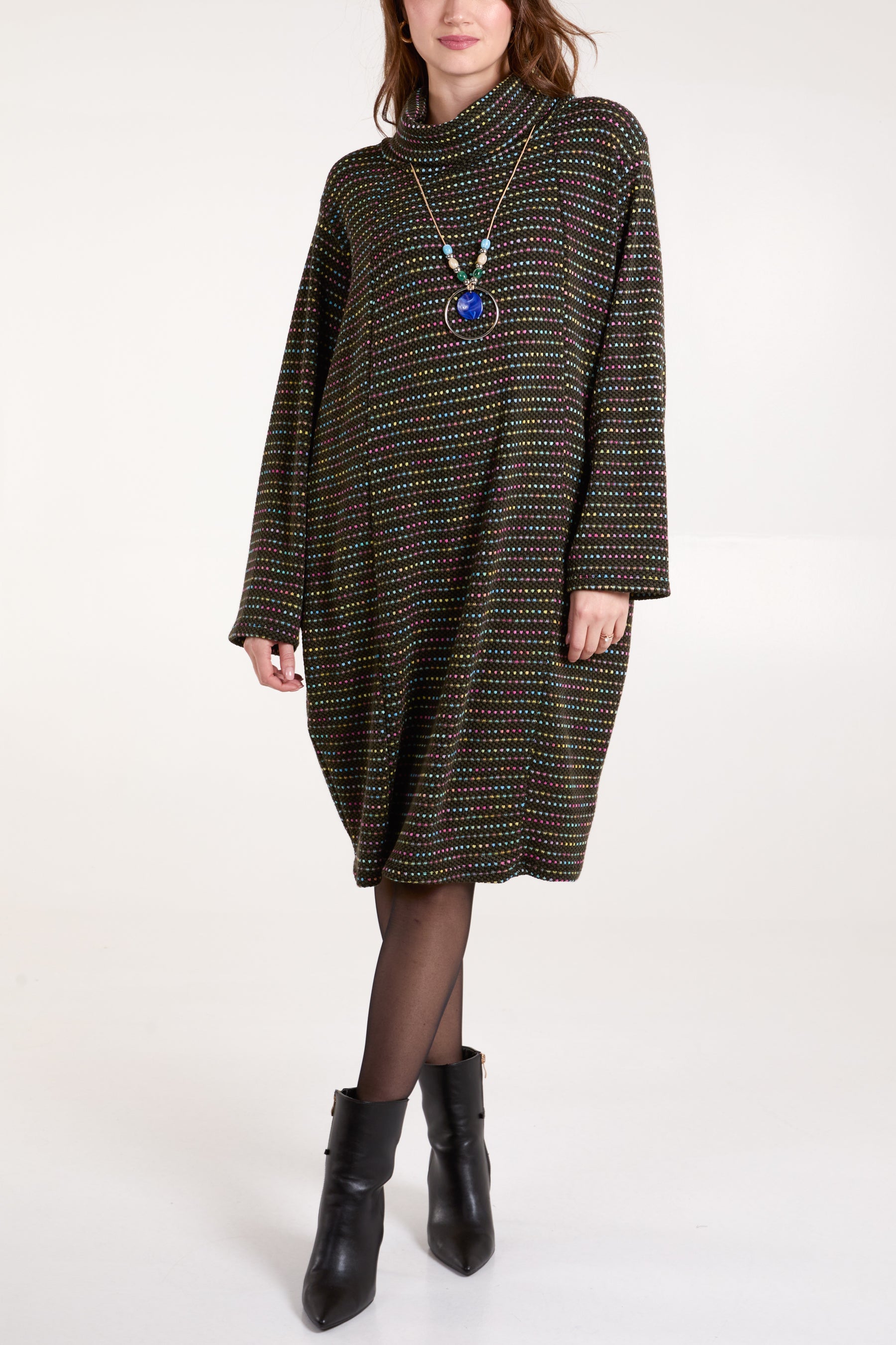 Roll Neck Pockets Speckled Knit Dress