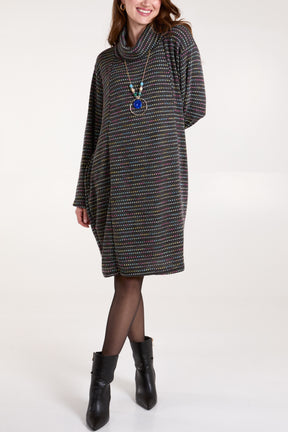 Roll Neck Pockets Speckled Knit Dress