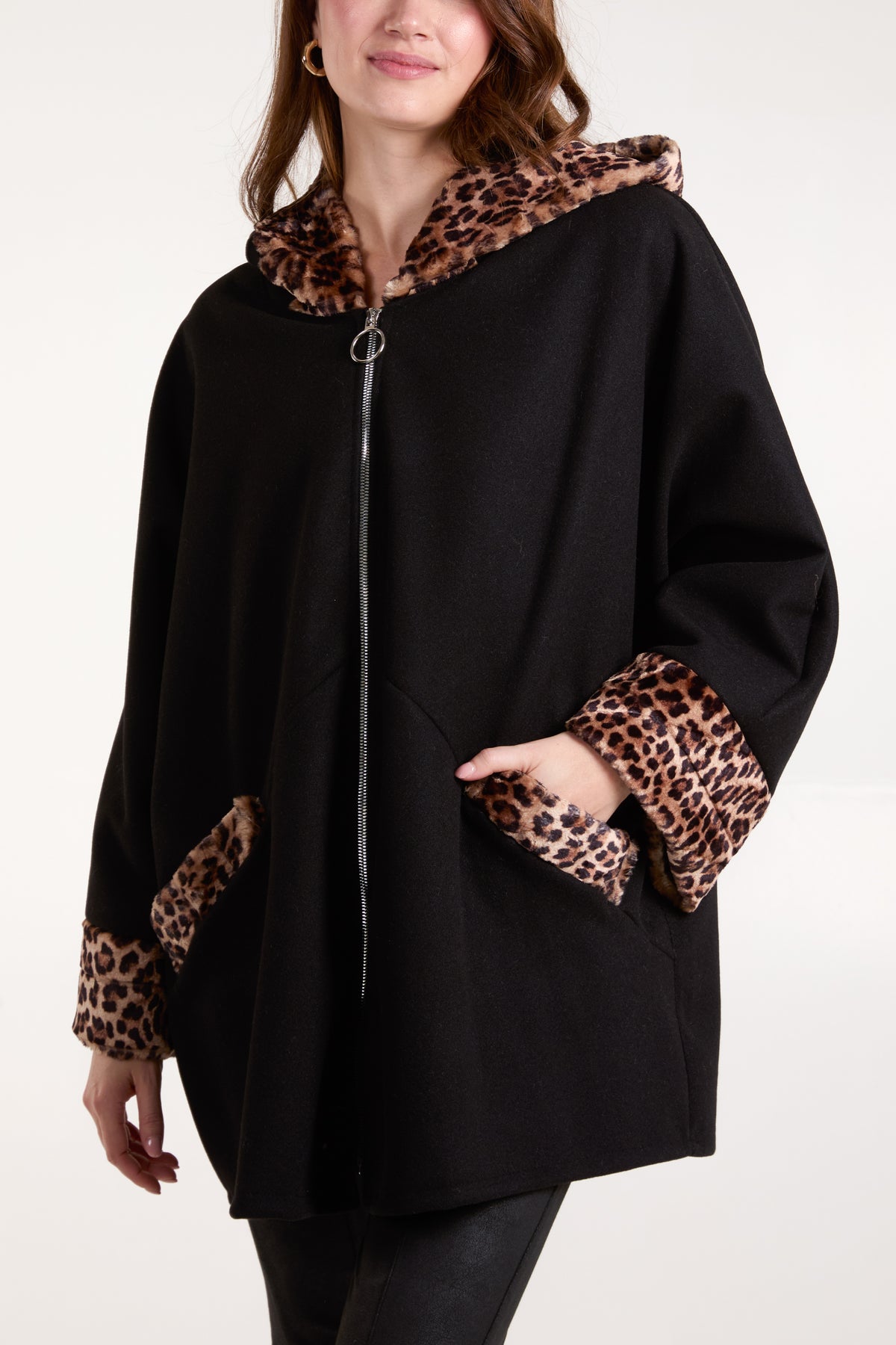 Leopard Fur Trim Hooded Coat