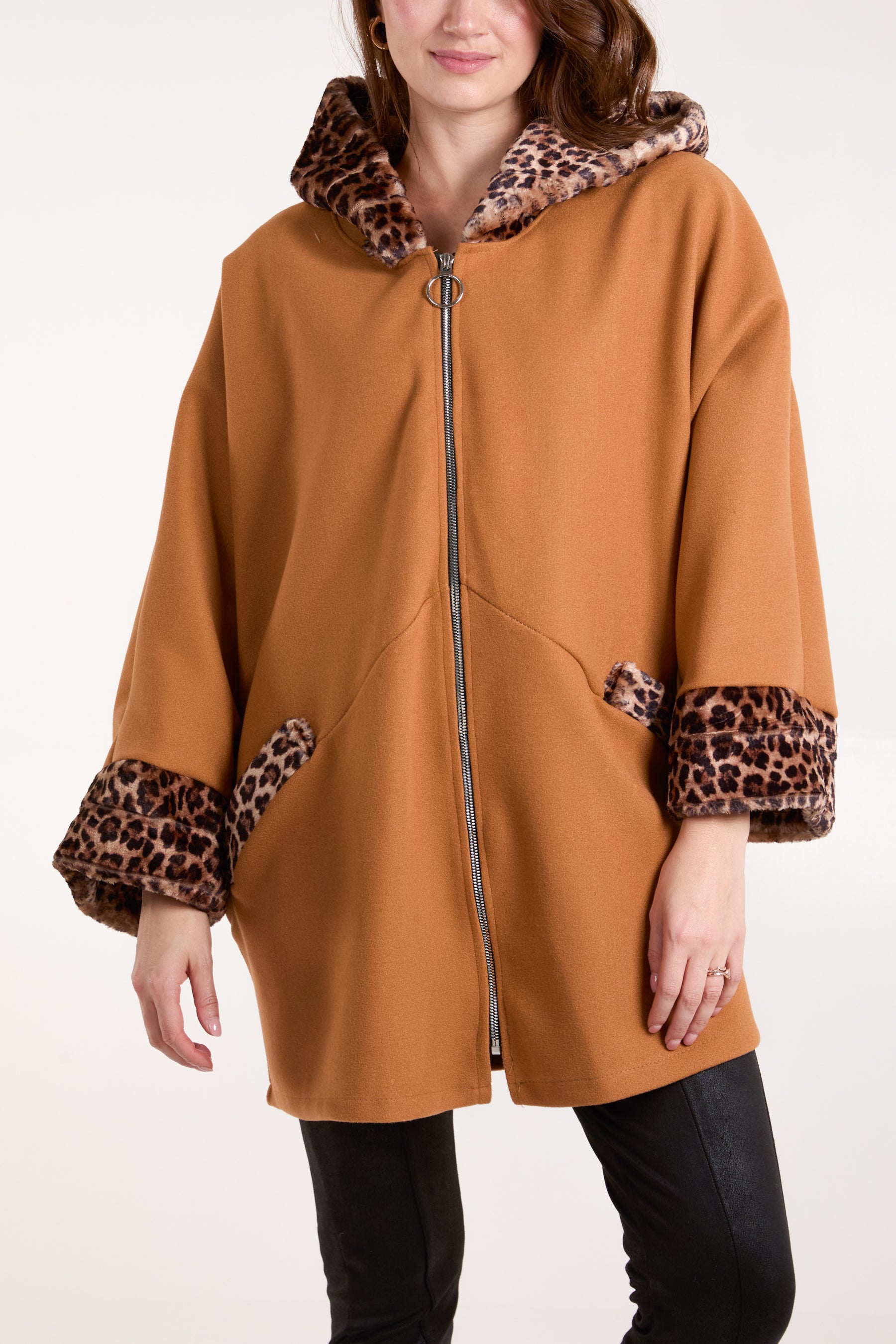 Leopard Fur Trim Hooded Coat