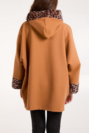 Leopard Fur Trim Hooded Coat